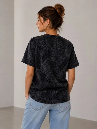Yıkamalı Washed Effect Tişört Bisiklet Yaka Sokak Stil Kısa Kol T-Shirt - Siyah