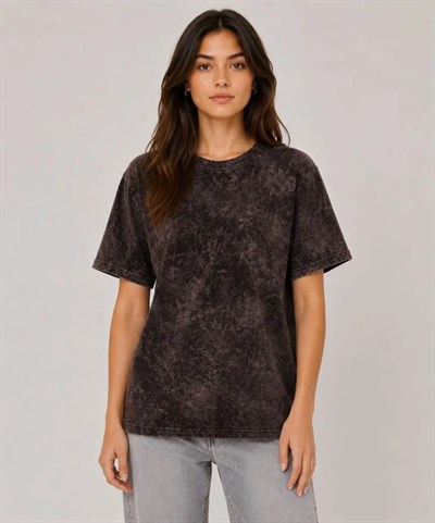 Yıkamalı Washed Effect Tişört Bisiklet Yaka Sokak Stil Kısa Kol T-Shirt - Siyah