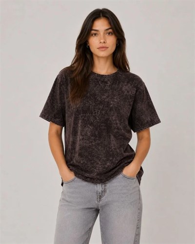 Yıkamalı Washed Effect Tişört Bisiklet Yaka Sokak Stil Kısa Kol T-Shirt - Siyah