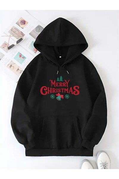 Yılbaşı Merry Christmas Baskılı Oversize Kapüşonlu Sweatshirt Hoodie - Siyah
