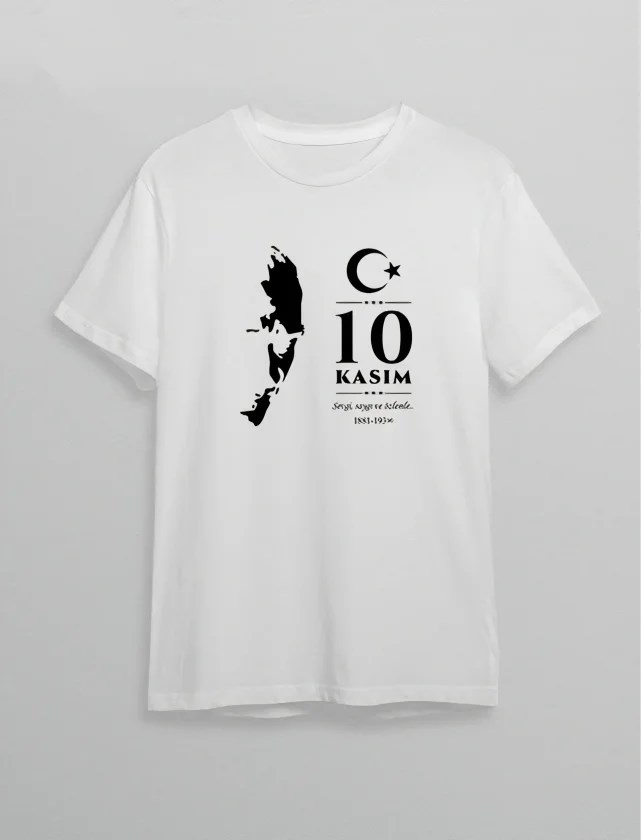 10 Kasım Atatürk Anma Günü Silüet Baskılı Oversize Bisiklet Yaka T-shirt - Beyaz