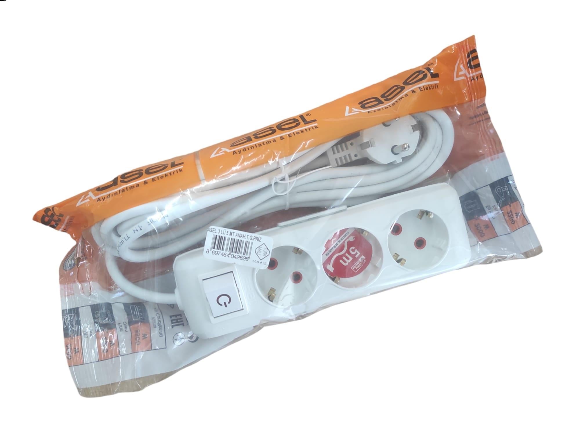 Asel Ara Kablo Grup Priz 3Lü 5M - Anahtarlı