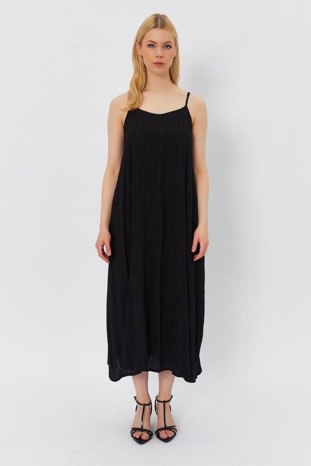 Askılı Uzun Çan Elbise - Siyah