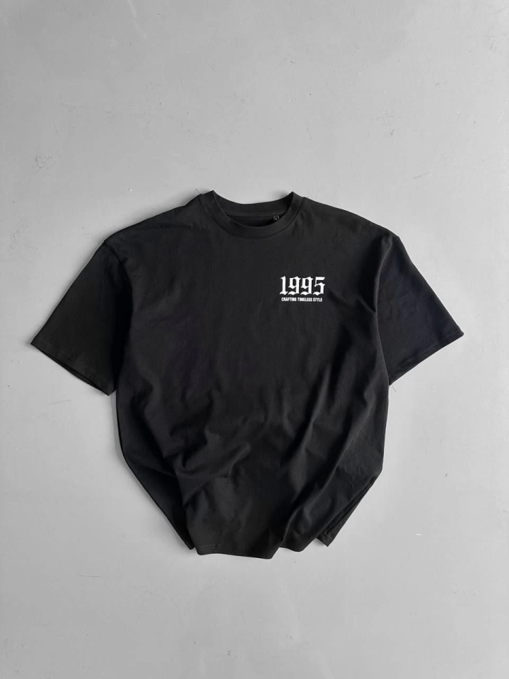 Baskılı Oversize Bisiklet Yaka T-shirt - Siyah