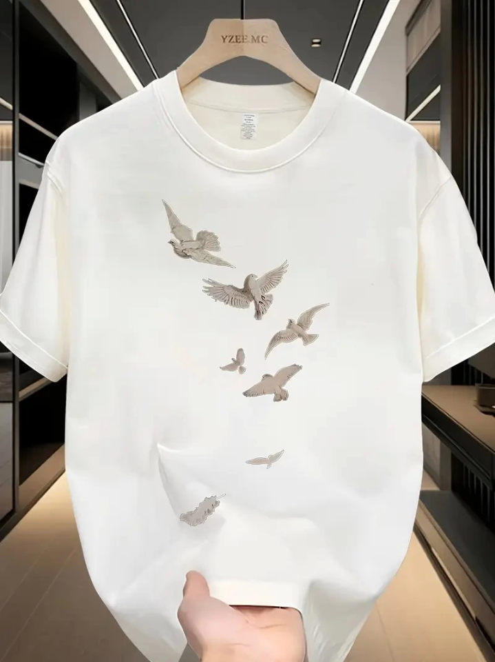Baskılı Oversize Bisiklet Yaka T-shirt - Beyaz