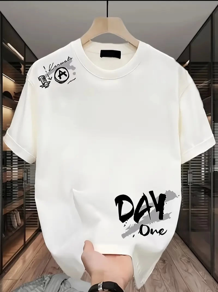 Baskılı Oversize Bisiklet Yaka T-shirt - Beyaz