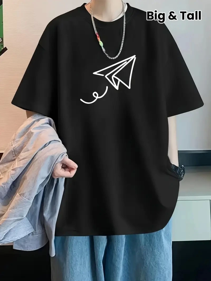 Baskılı Oversize Bisiklet Yaka T-shirt - Siyah