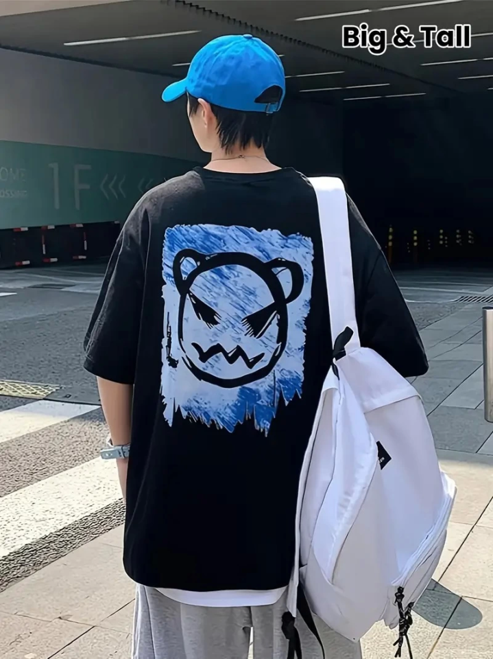 Baskılı Oversize Bisiklet Yaka T-shirt - Siyah