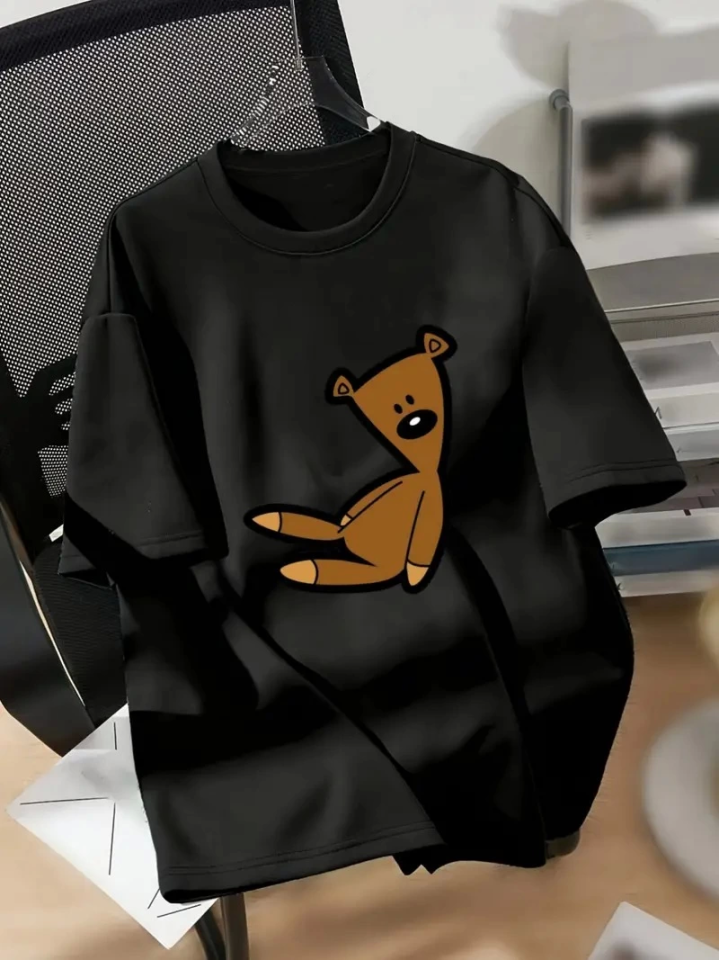 Baskılı Oversize Bisiklet Yaka T-shirt - Siyah