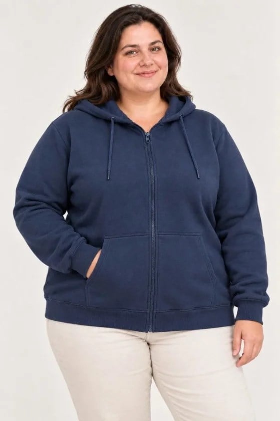 Battal Büyük Beden Üç İplik İçi Şardonlu Kapüşonlu Tam Fermuarlı Kışlık Sweatshirt - Lacivert