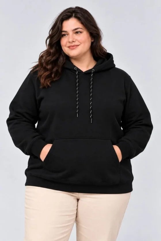 Battal Büyük Beden Üç İplik İçi Şardonlu Kapüşonlu Kanguru Cepli Kışlık Sweatshirt - Siyah