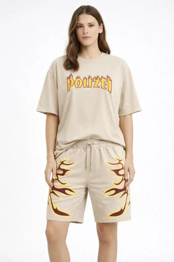 Bej Oversize Baskılı Tişört Şort Takım Cepli Şort Yazlık Rahat Günlük Kombin - Bej