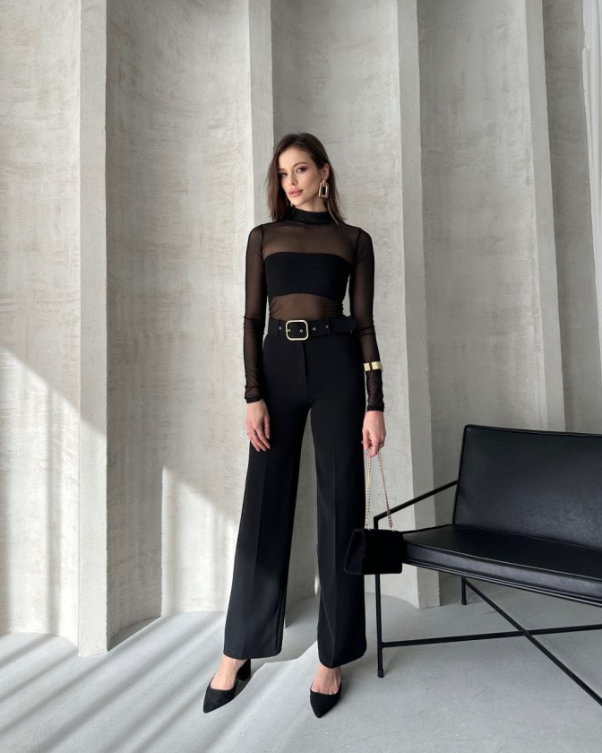 EN-BOY LİKRALI ÇİFT DÜĞMELİ VE KEMERLİ PALAZZO PANTOLON