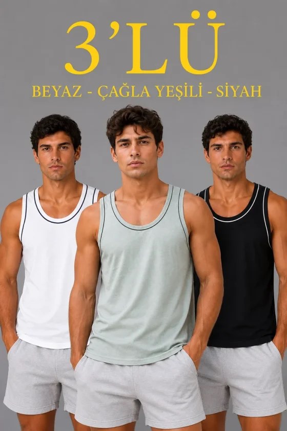 Erkek 3’lü Kolsuz Sporcu Atlet Seti Yazlık Bisiklet Yakalı - Mint Yeşili, Siyah, Beyaz