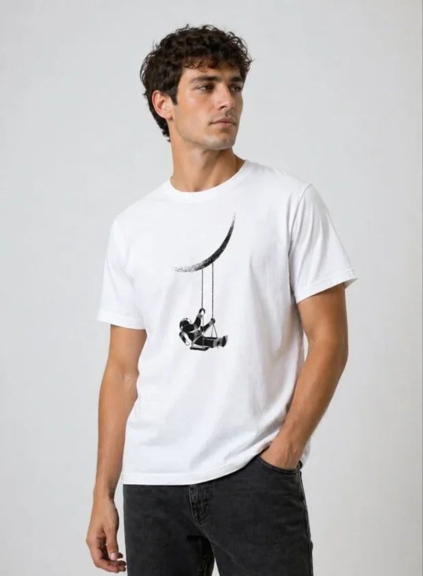 Erkek Astronot Ay Temalı Tişört Kısa Kol Yazlık Bisiklet Yaka T-Shirt - Beyaz