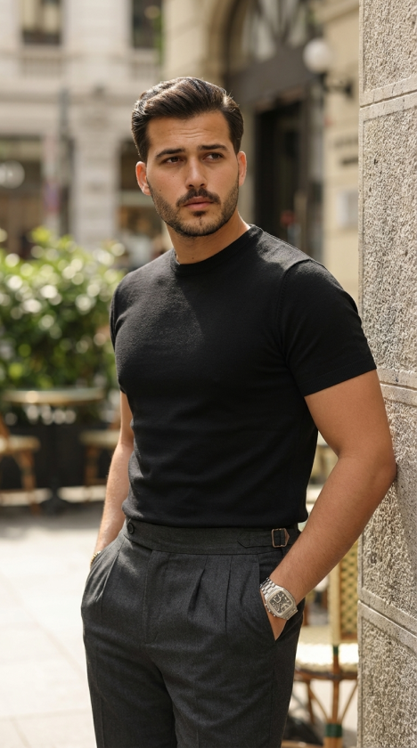 Erkek Basic Bisiklet Yaka Kısa Kollu Triko Tişört - %100 Pamuk Akrilik