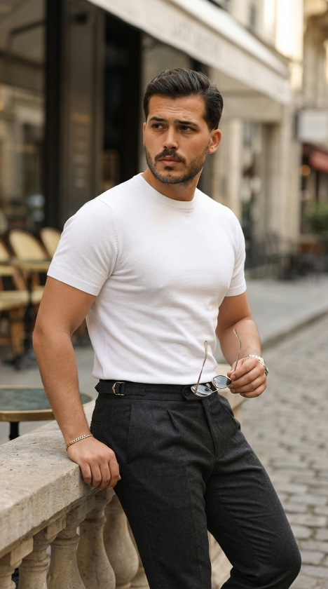 Erkek Basic Bisiklet Yaka Kısa Kollu Triko Tişört - %100 Pamuk Akrilik