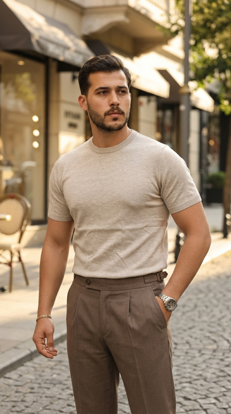 Erkek Basic Bisiklet Yaka Kısa Kollu Triko Tişört - %100 Pamuk Akrilik