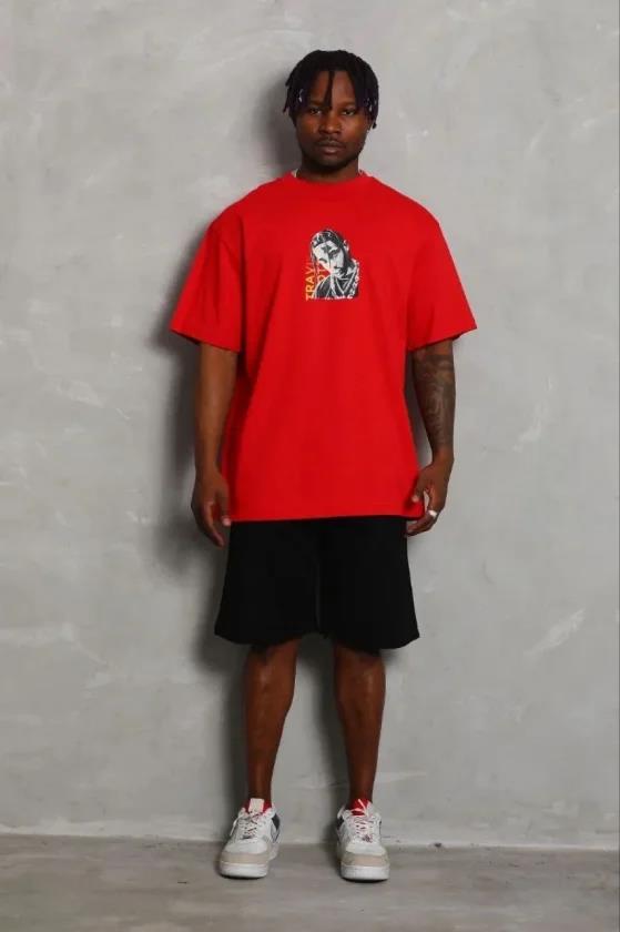 Erkek Baskılı T-Shirt Kısa Kol Bisiklet Yaka Regular Fit Rahat Kalıp Günlük Tişört - Kırmızı