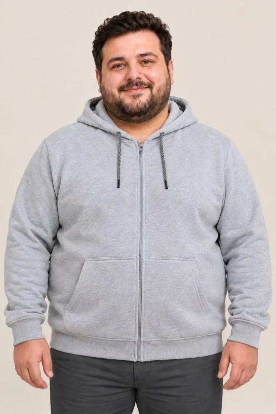 Erkek Battal Büyük Beden Üç İplik İçi Şardonlu Kapüşonlu Tam Fermuarlı Kışlık Sweatshirt - Gri