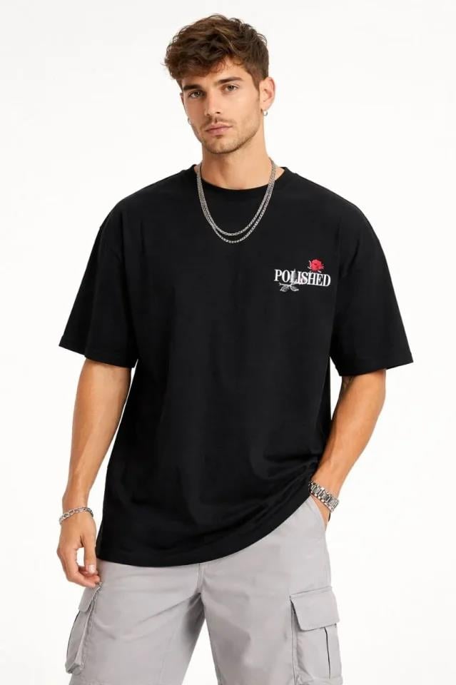 Erkek Bisiklet Yaka Baskılı  Kısa Kollu Tişört Streetwear Günlük Basic Pamuklu T-shirt - Siyah