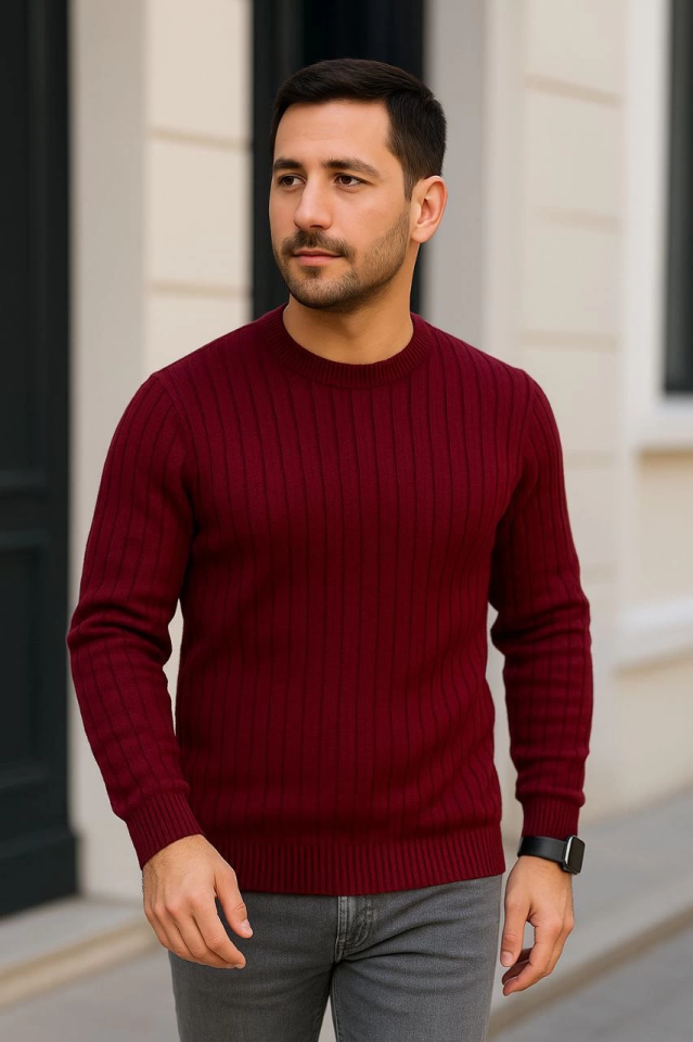 Erkek Bisiklet Yuvarlak Yaka Triko Kazak Pamuklu Kalın Fitilli Dokuma, Regular Fit Uzun Kollu Kışlık Model - Bordo