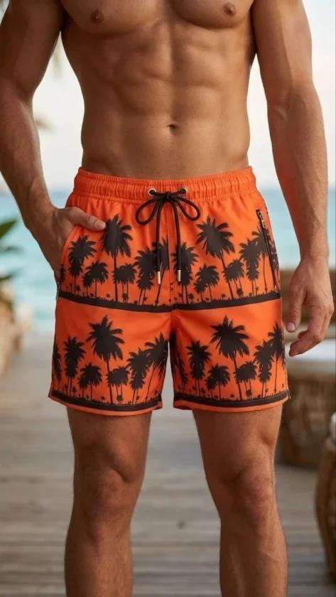 Erkek Deniz Şortu Fermuarlı Cepli File Astarlı Hızlı Kuruyan Premium - Turuncu