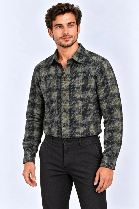 Erkek Ekose Kareli Batik Yıkamalı Şardonlu Uzun Kollu Regular Fit Oduncu Gömlek - Haki