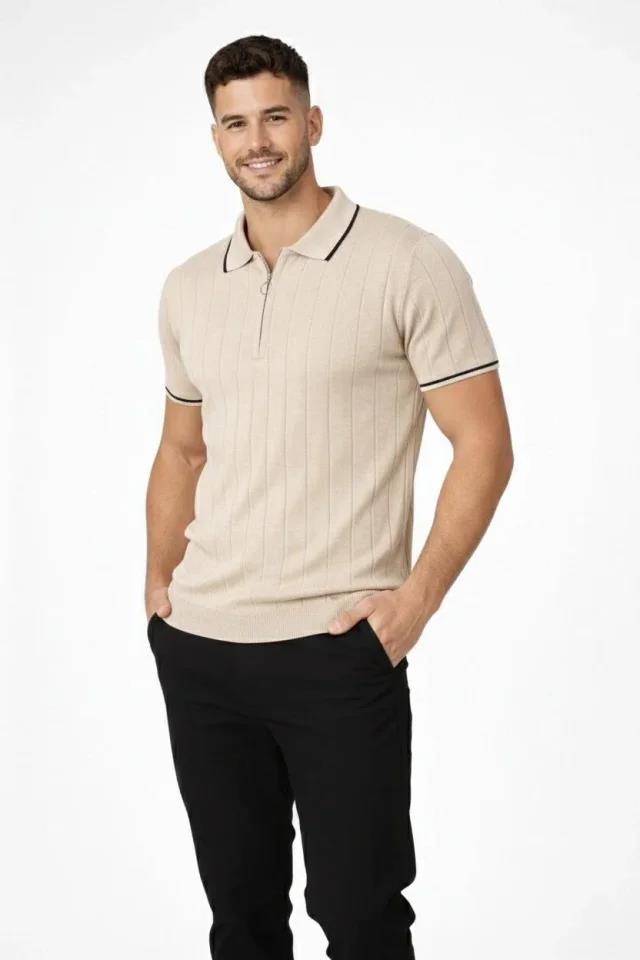 Erkek Fermuarlı Yaka Fitilli Triko Kısa Kollu Regular Fit Tişört T-shirt - Bej