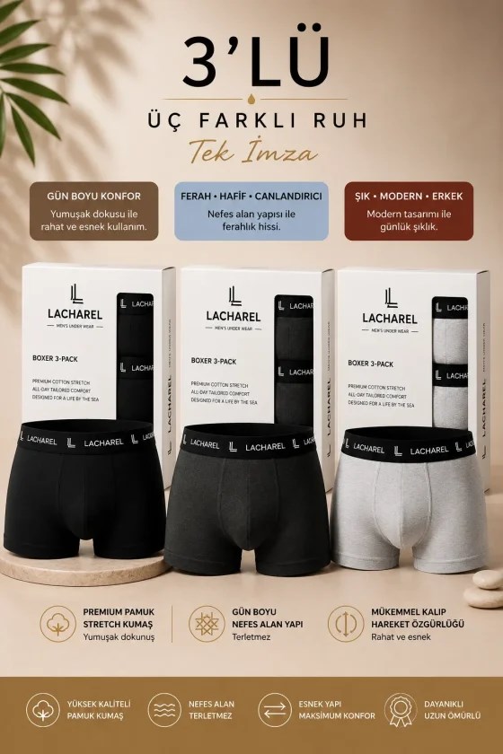 Erkek Likralı Pamuklu Nefes Alan Penye Boxer3Lü Paket - Siyah - Füme - Gri