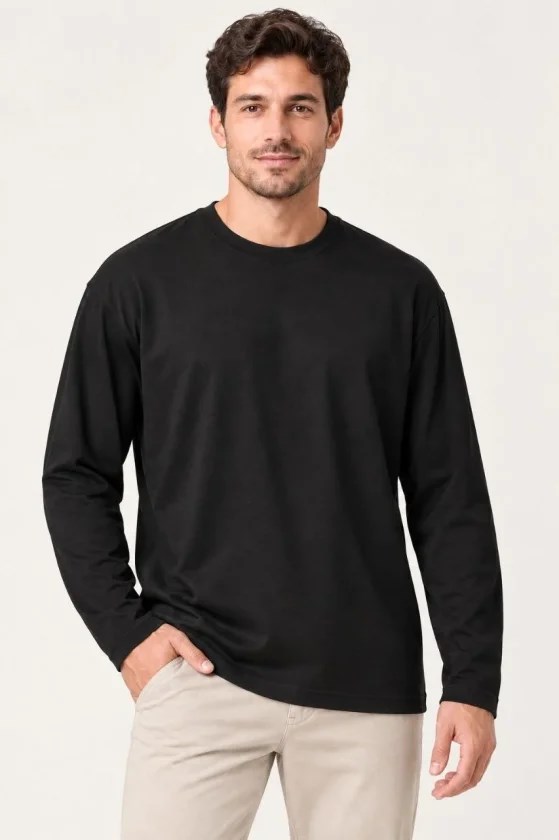 Erkek Modal Yumuşak Dokulu Bisiklet Yaka Uzun Kollu Tişört Sweatshirt - Siyah