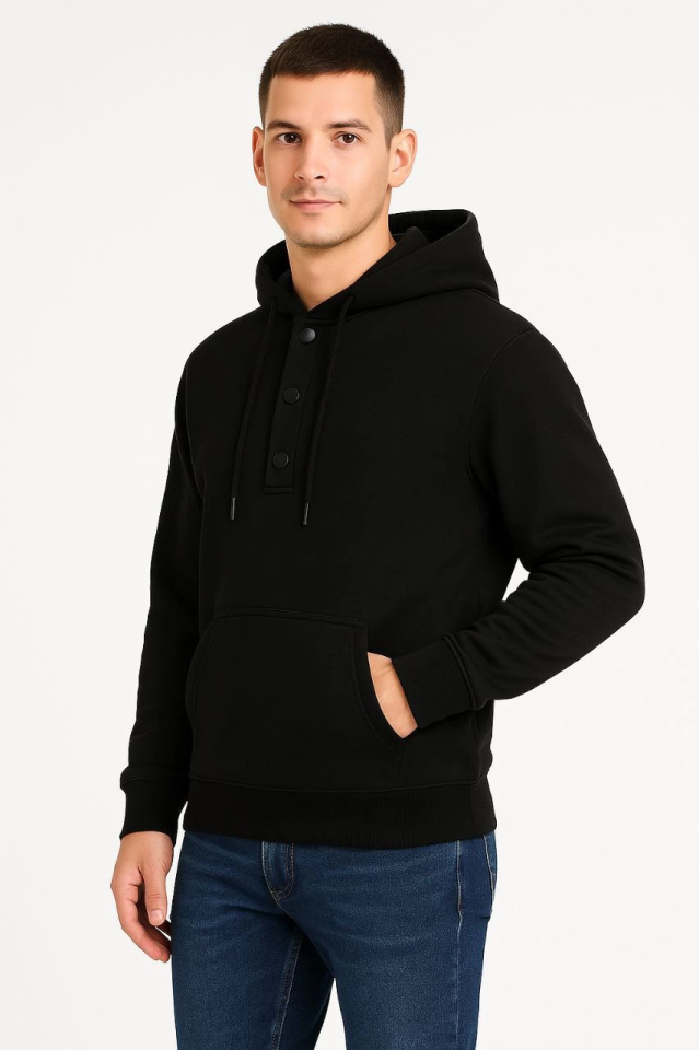 Erkek Ovarsize Kapüşonlu Swetshirt Kanguru Çepli Cıtcıtlı 3 Iplik Şardonlu Hoodie - Siyah