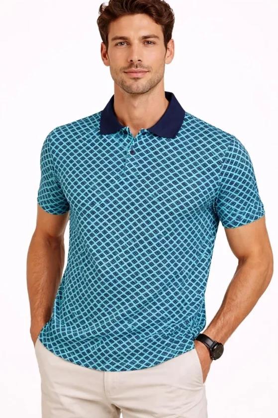 Erkek Pike Kumaş Polo Yaka Desenli Tişört Kısa Kol Yazlık T-Shirt - Turkuaz