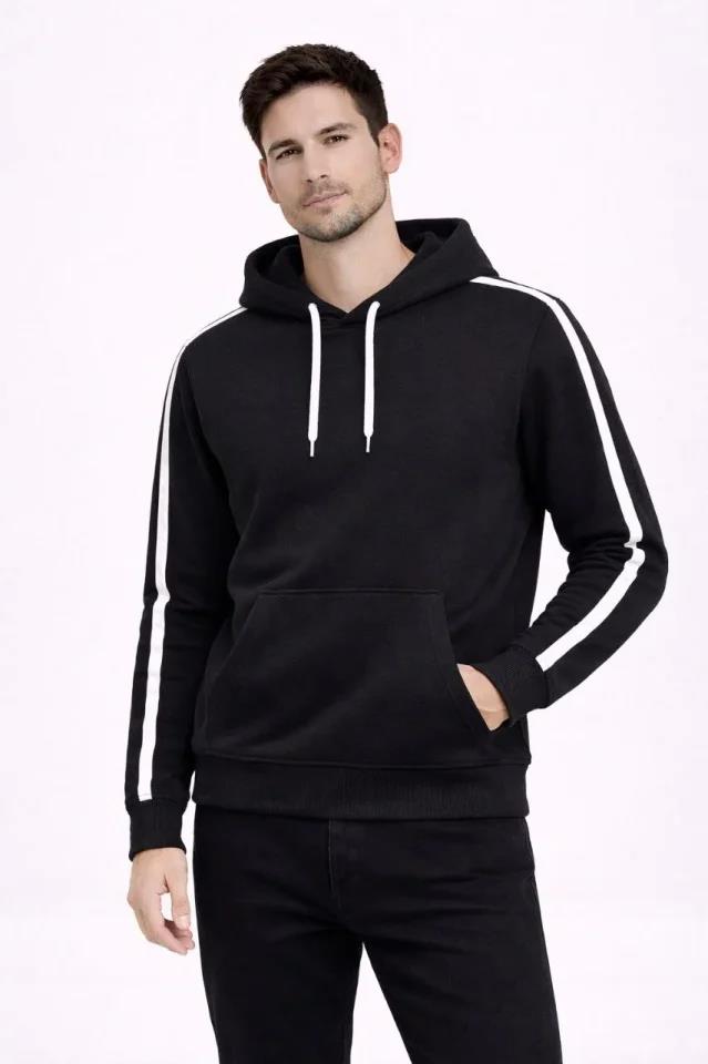 Erkek Şeritli Kapüşonlu Sweatshirt Oversize 3 Iplik Pamuklu - Siyah