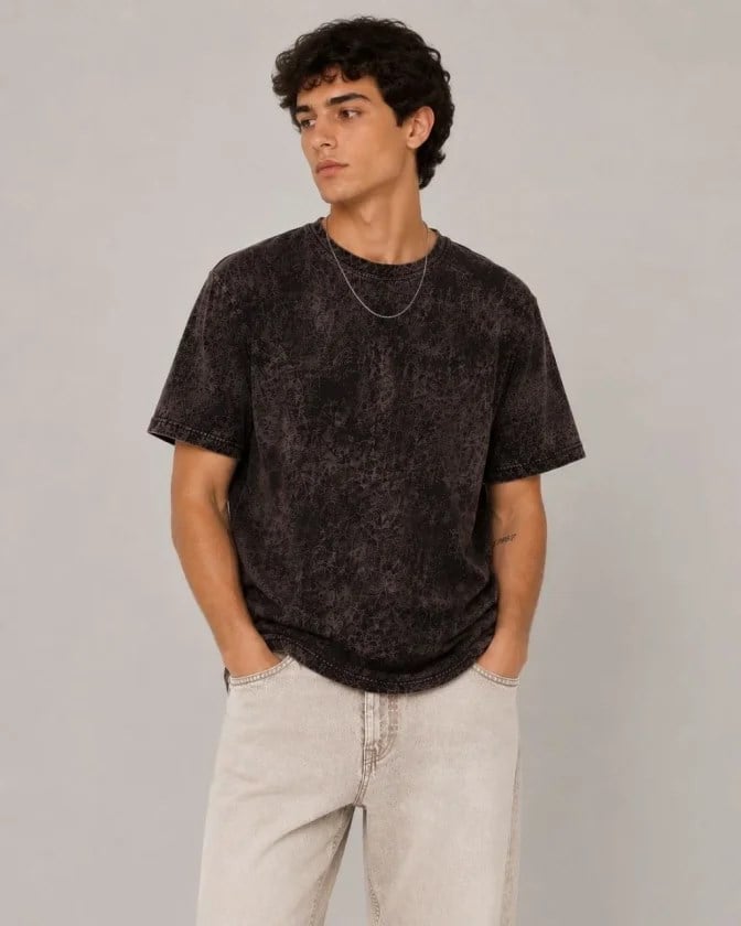 Erkek Yıkamalı Washed Effect Tişört Bisiklet Yaka Sokak Stil Kısa Kol T-Shirt - Füme