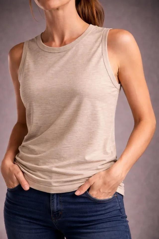 Flamlı Kumaş Sıfır Kolsuz Atlet Basic Spor Üst, Günlük Ve Fitness Kullanımına Uygun - Taş