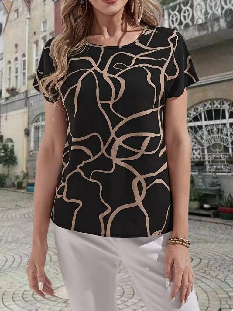 Kadın Kısa Kollu Bisiklet Yaka Süprem Desenli Bluz