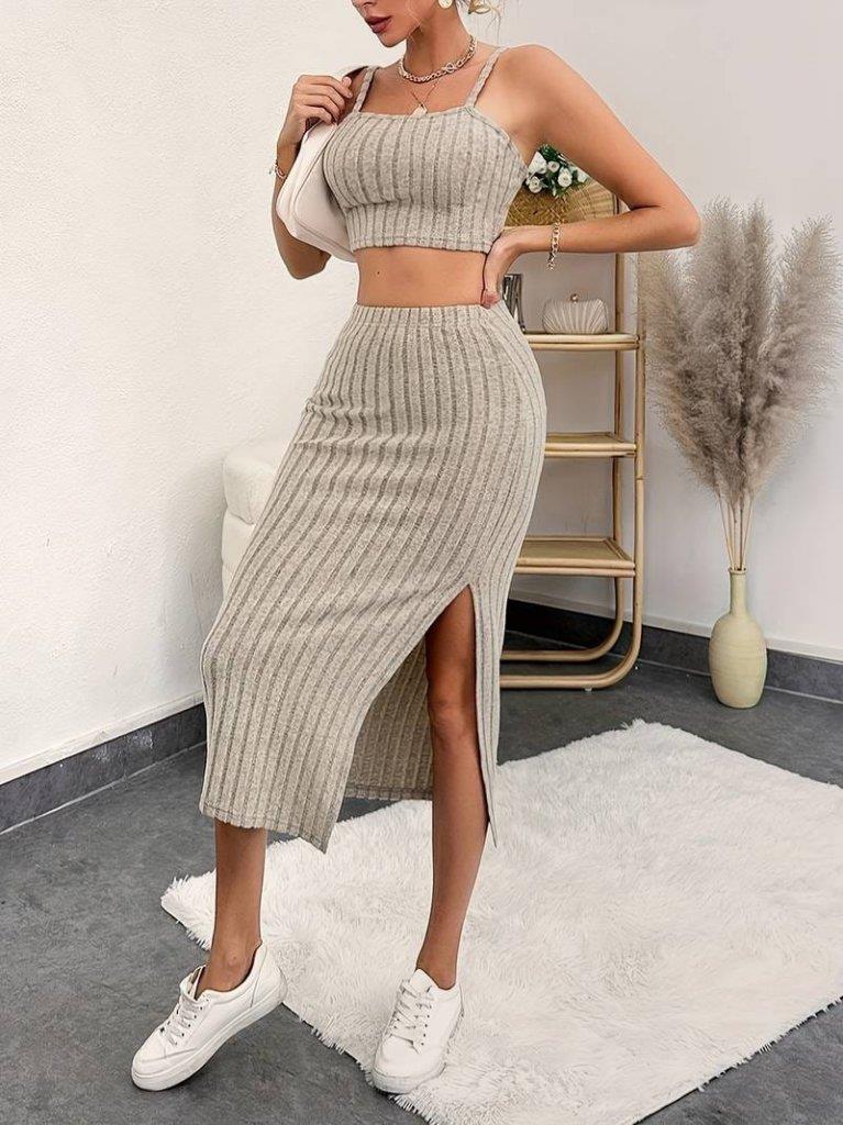 Kadın Kolsuz Askılı Crop Yırtmaçlı Midi Etek Fitilli Kaşkorse Takım