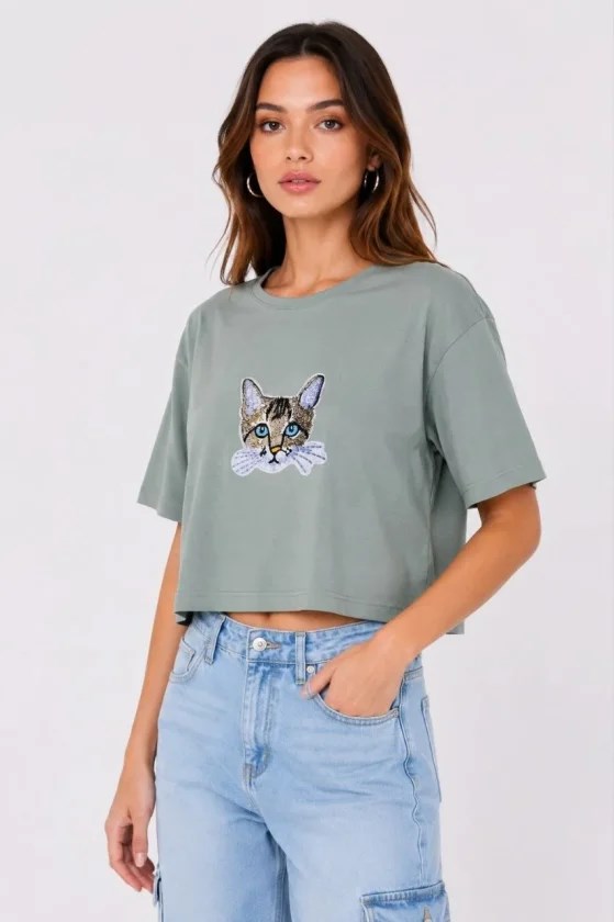 Kedi Baskılı Oversize Crop Tişört Salaş Basic Yarım Kol T-shirt - Mint Yeşili