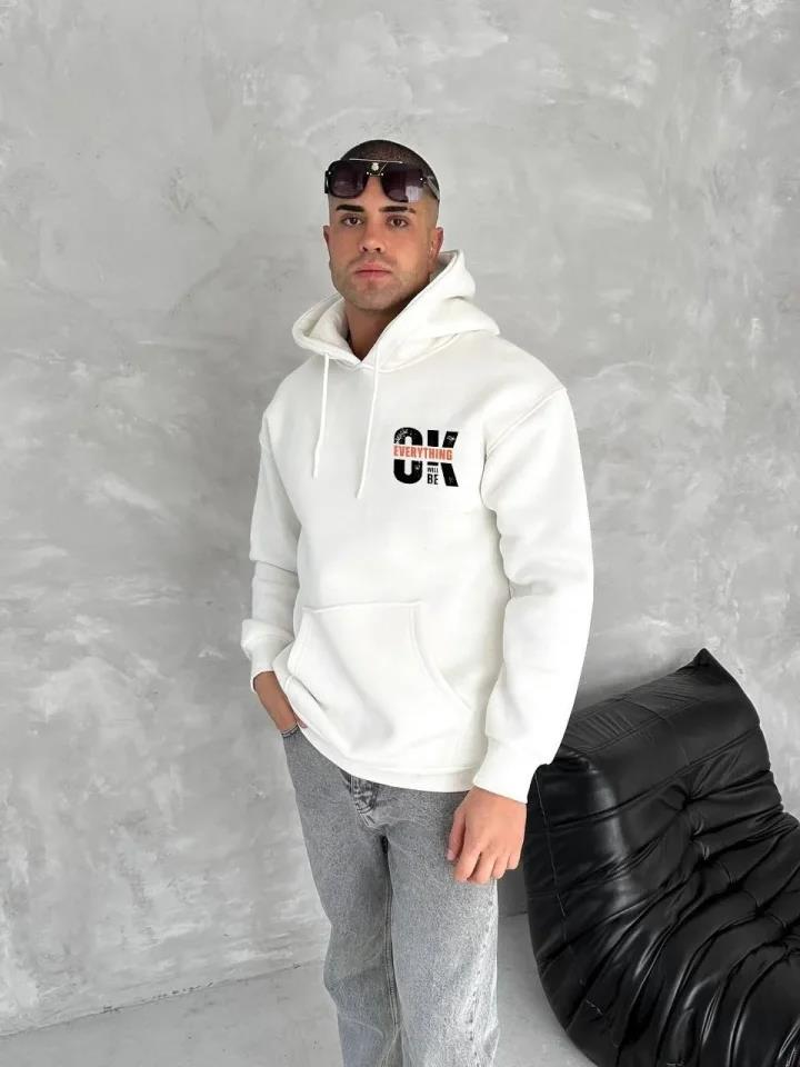 Oversize Üç İplik Kapüşonlu SweatShirt - Beyaz