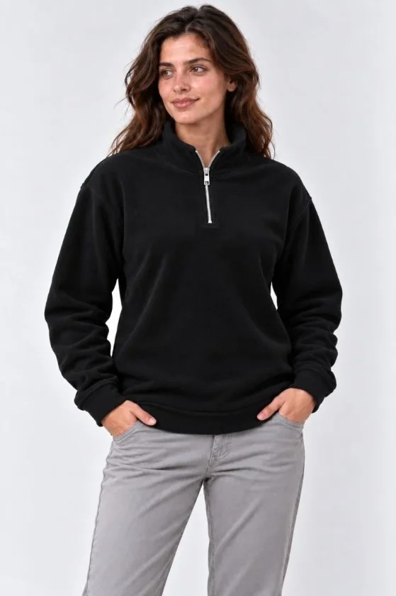 Polar Dik Yaka Yarım Fermuarlı Uzun Kollu Regular Fit Kışlık Sweatshirt - Siyah
