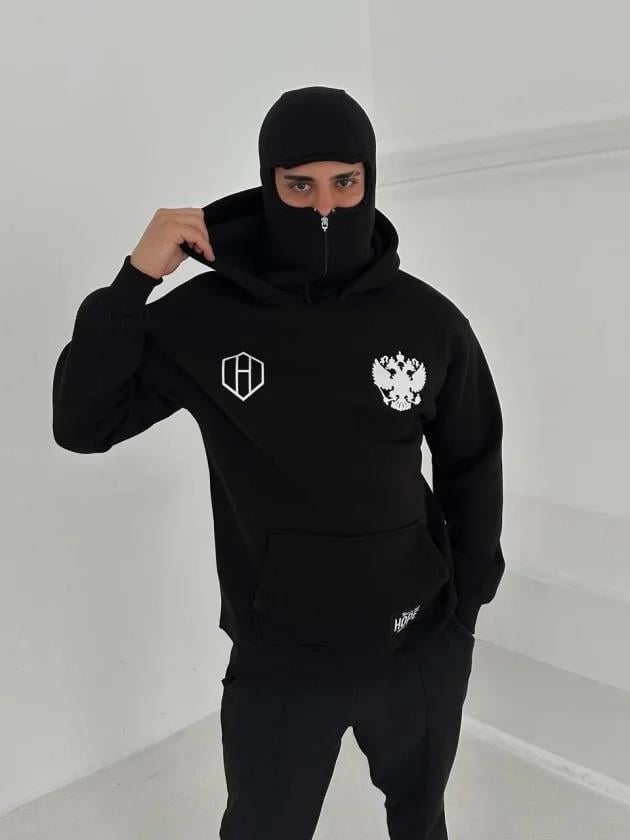 Samuray Ninja Çift Kapşonlu ZIP Fermuarlı Kanguru Çepli Tam Fermuarlı ön Arka - Siyah