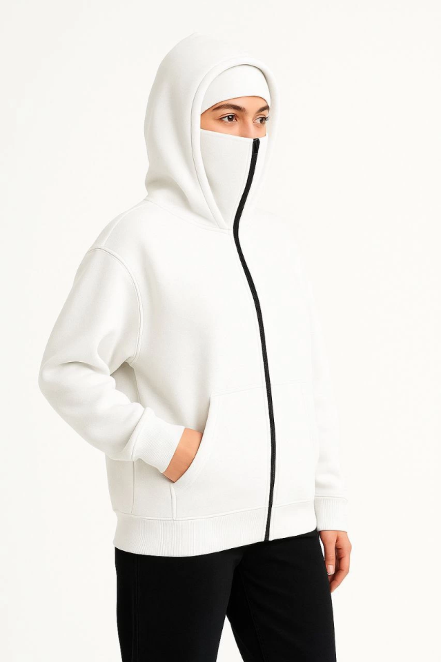 Samuray Ninja Çift Kapşonlu ZIP Fermuarlı Kanguru Çepli Hoodie Maske Detaylı Swetshirt - Beyaz