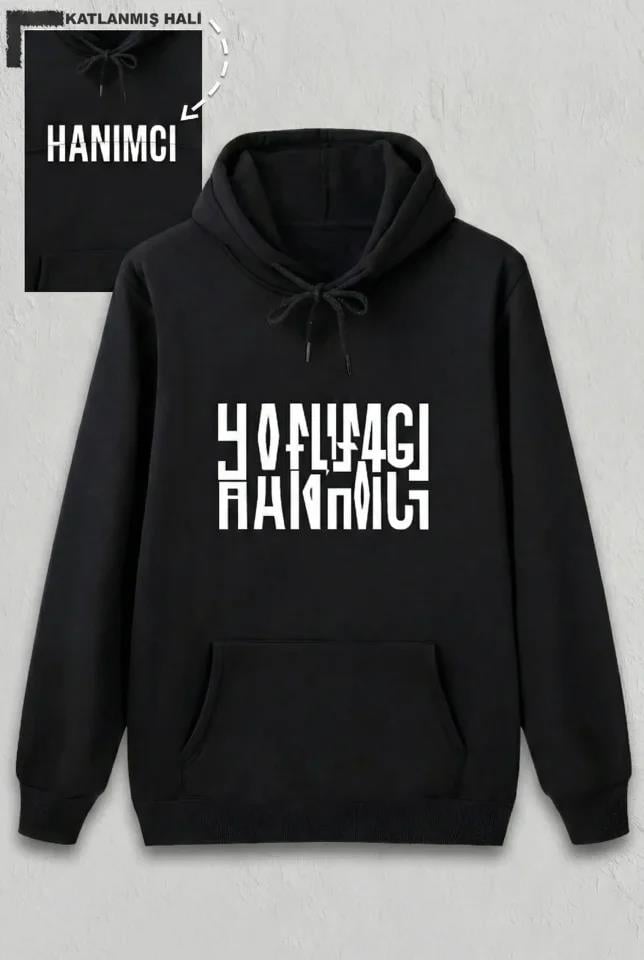 Sevgililer Günü Özel Kapüşonlu Hanımcı Baskılı Oversize Sweatshirt - Siyah