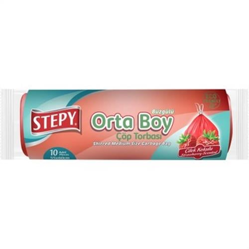 Stepy Çöp Torbası Orta Boy Büzgülü Çilekli 55*60cm 10 lu