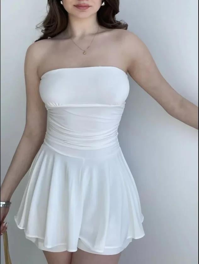 Straplez Mini Etek Görünümlü Şortlu Elbise Büzgülü Şık Yazlık - Beyaz