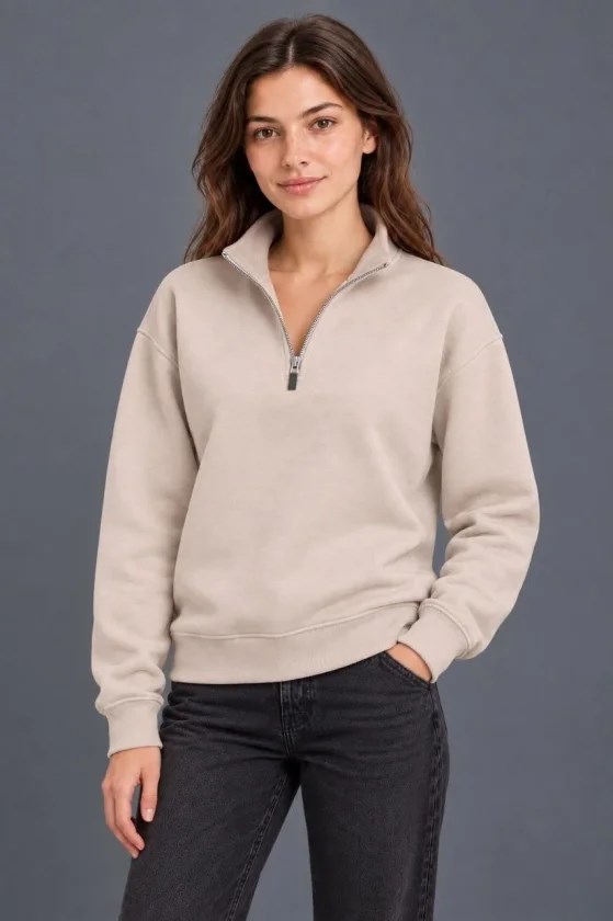 Üç İplik İçi Şardonlu Dik Yaka Yarım Fermuarlı Kışlık Sweatshirt - Bej