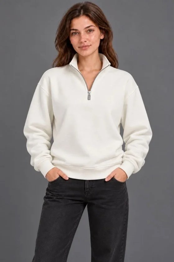 Üç İplik İçi Şardonlu Dik Yaka Yarım Fermuarlı Kışlık Sweatshirt - Beyaz