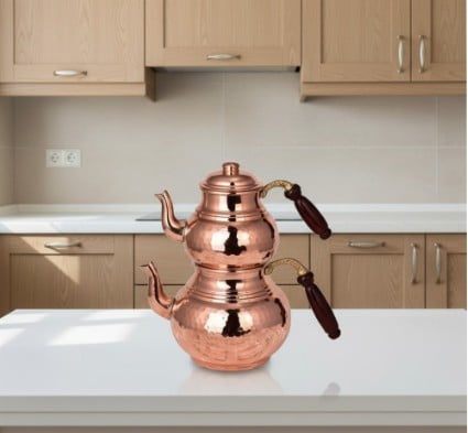 Turna Bakır Klasik Çaydanlık Isıtıcılı Takım
