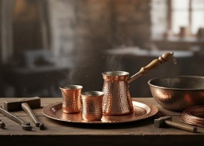 Turna Bakır Sultan Bakır Cezve 5'li Takım Kalın Pirinç Kulp Makine Dövme